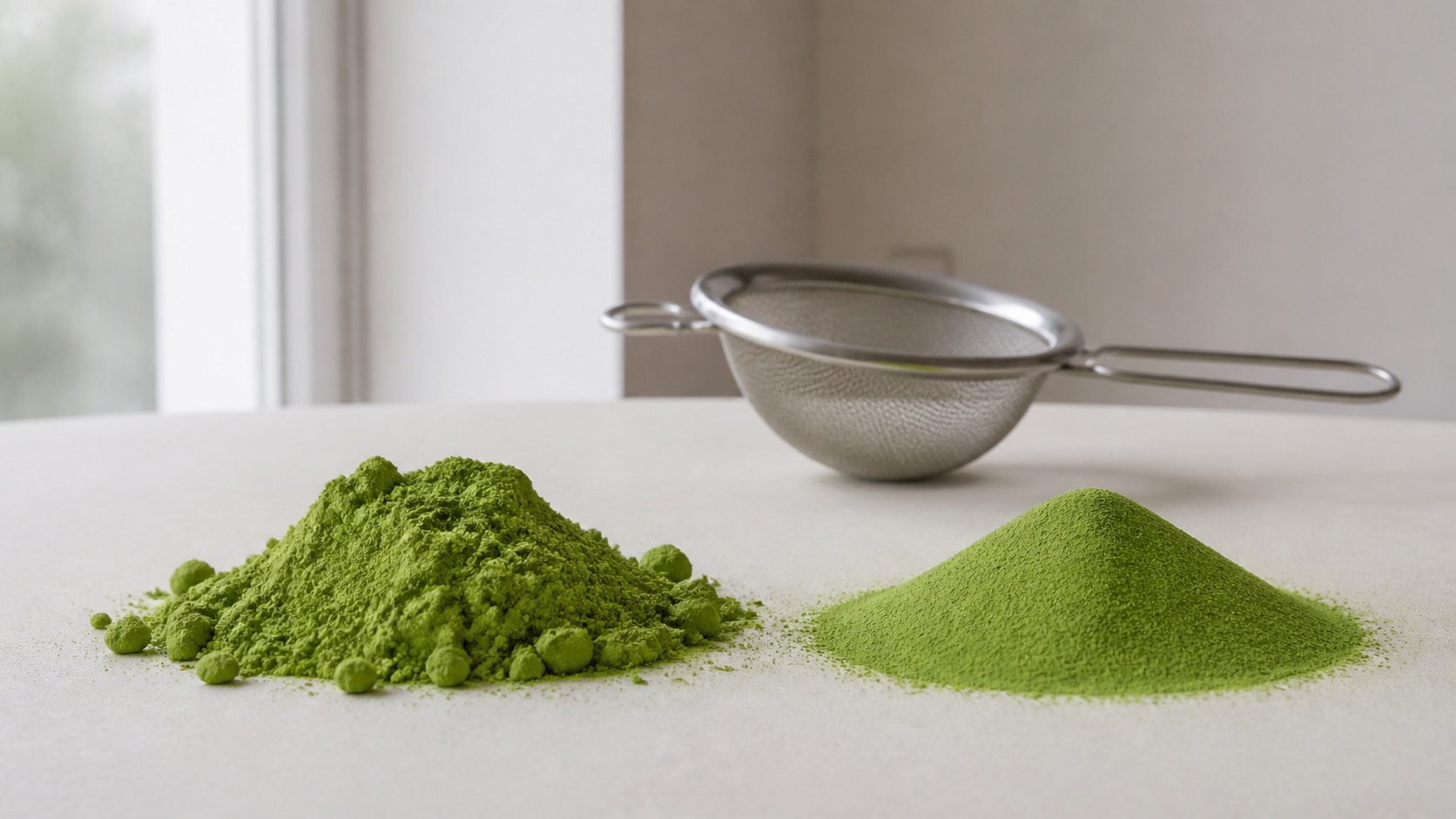 ふるう前の塊が残った抹茶の粉と、ふるったあとの滑らかな抹茶の粉。奥に目の細かい茶こし