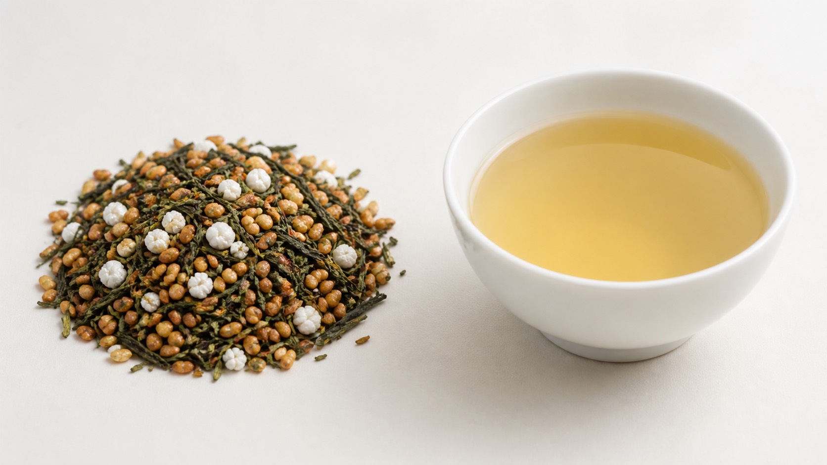 茶葉に炒り米と白く弾けた米が混じった玄米茶と、白い湯呑に注がれた透明な淡い金色の水色